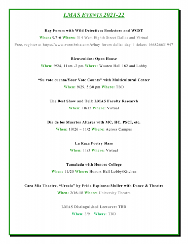 Flyer listing the dates and locations of events hosted by Latina/o and Mexican American Studies.